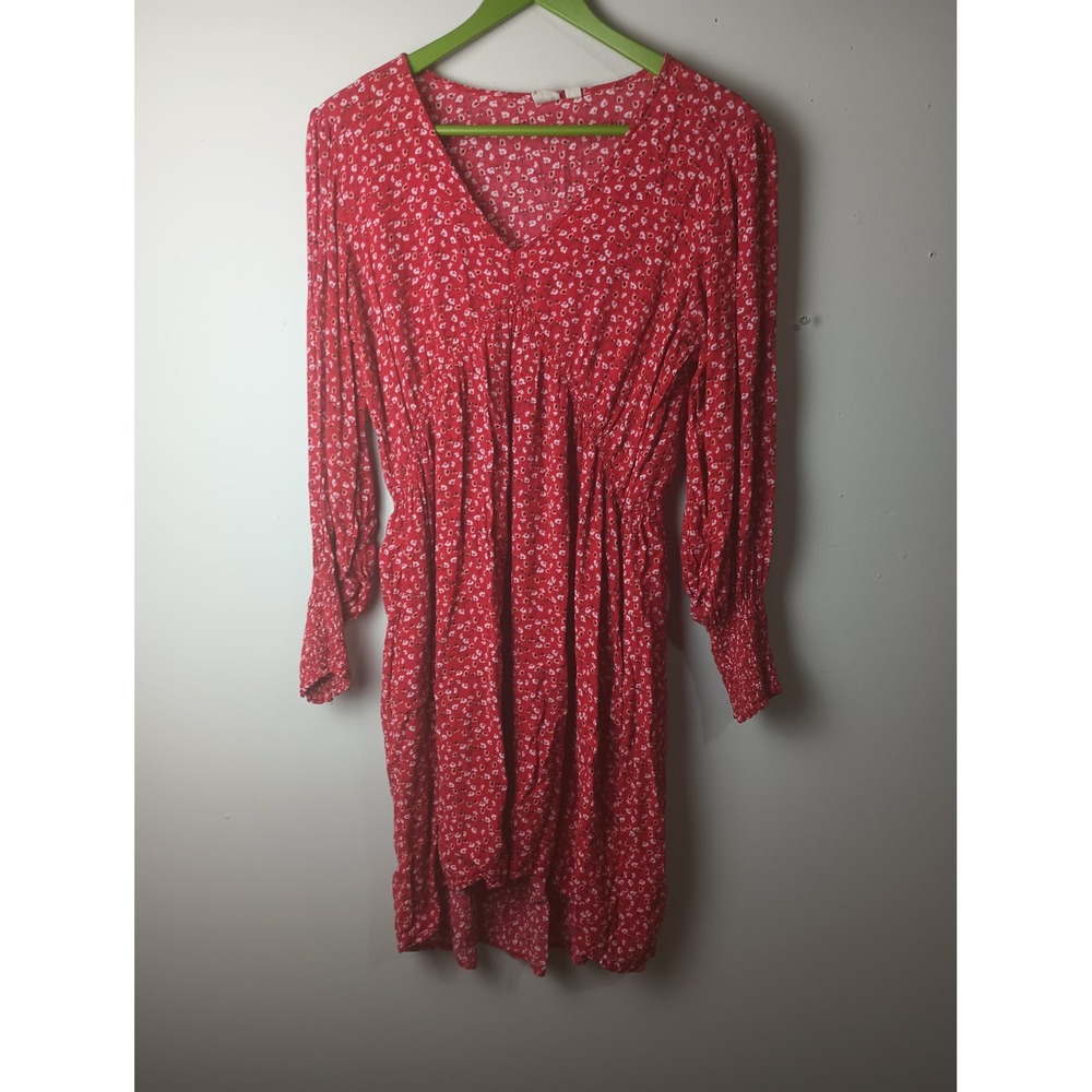 Gap Womens Red Floral V-Neck Long Sleeve Mini Dress Smocked Cuff Small